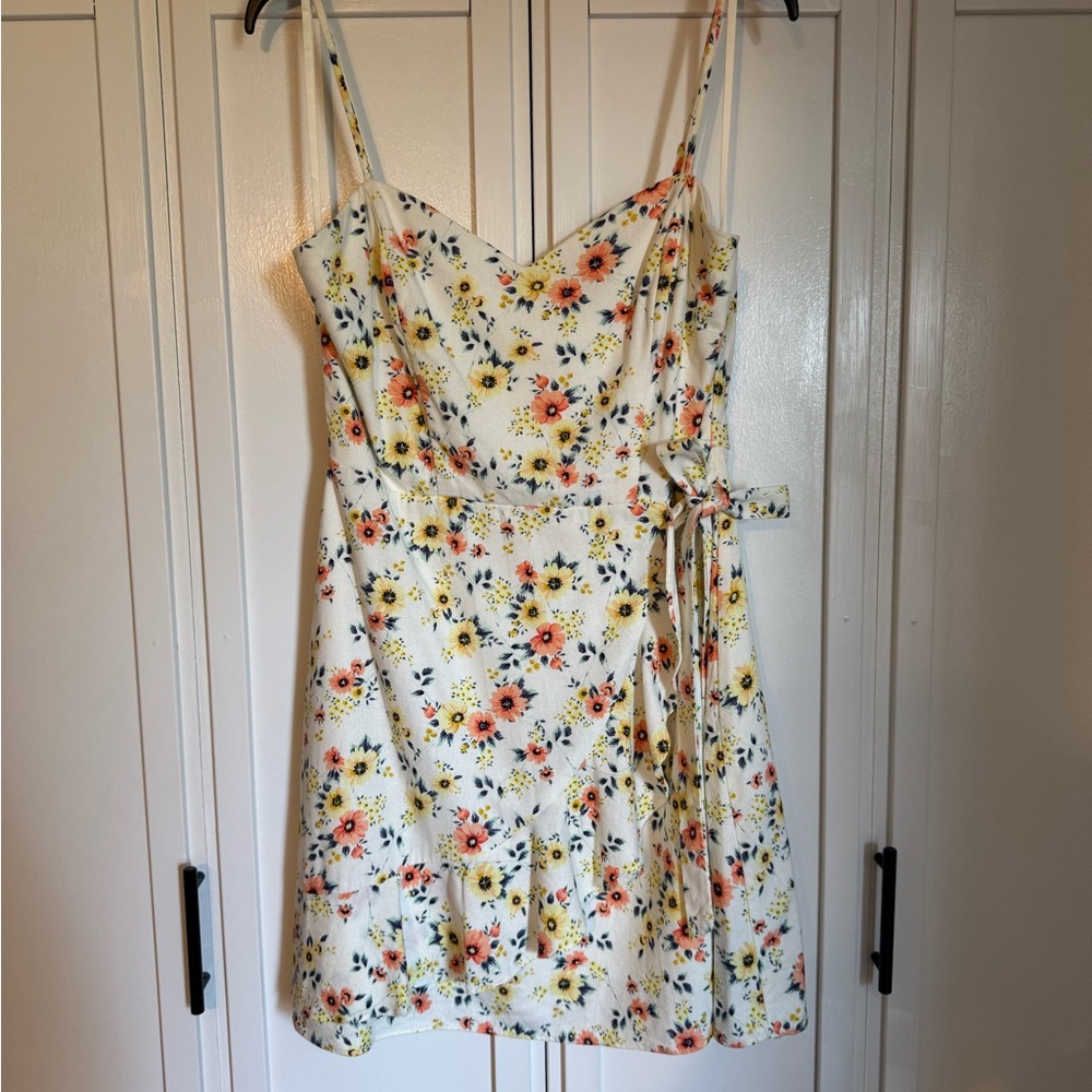 Floral Tie-Waist Sundress in Cream with Yellow & Coral Flowers